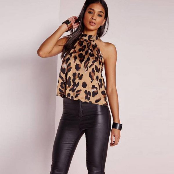 The Best Women Sleeveless Leopard Printed Halter Neck Tank Top Vest Party Christmas Backless Loose Casual Shirt Blouse Online - Takalr