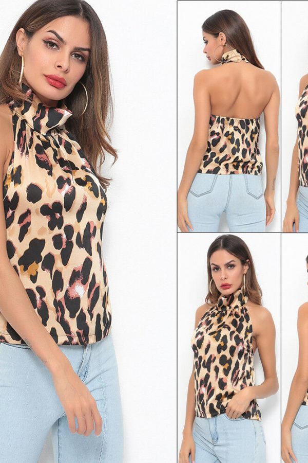 The Best Women Sleeveless Leopard Printed Halter Neck Tank Top Vest Party Christmas Backless Loose Casual Shirt Blouse Online - Takalr