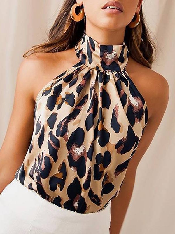 The Best Women Sleeveless Leopard Printed Halter Neck Tank Top Vest Party Christmas Backless Loose Casual Shirt Blouse Online - Takalr