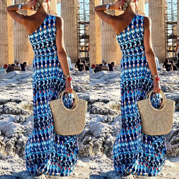 The Best Women Sleeveless One Shoulder Floral Boho Long Maxi Dress Summer Ladies Party Beach Split Maxi Dress Clothing Online - Takalr