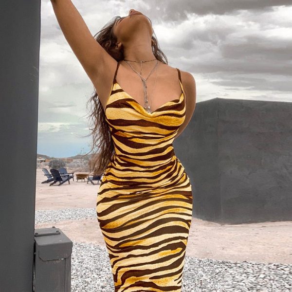 The Best Women Sleeveless Sexy Summer Dress Ladies Casual Tiger Print Jersey Stretch Bodycon Holiday Long Maxi Dress Online - Takalr