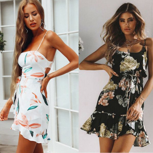 The Best Women Sleeveless Strappy Backless Wrap Boho Floral Mini Dress Ladies Fashion Summer Sundress Holiday Beach Dresses Online - Takalr