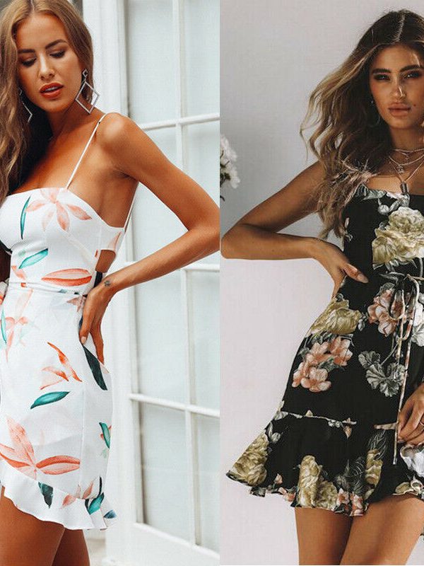 The Best Women Sleeveless Strappy Backless Wrap Boho Floral Mini Dress Ladies Fashion Summer Sundress Holiday Beach Dresses Online - Takalr