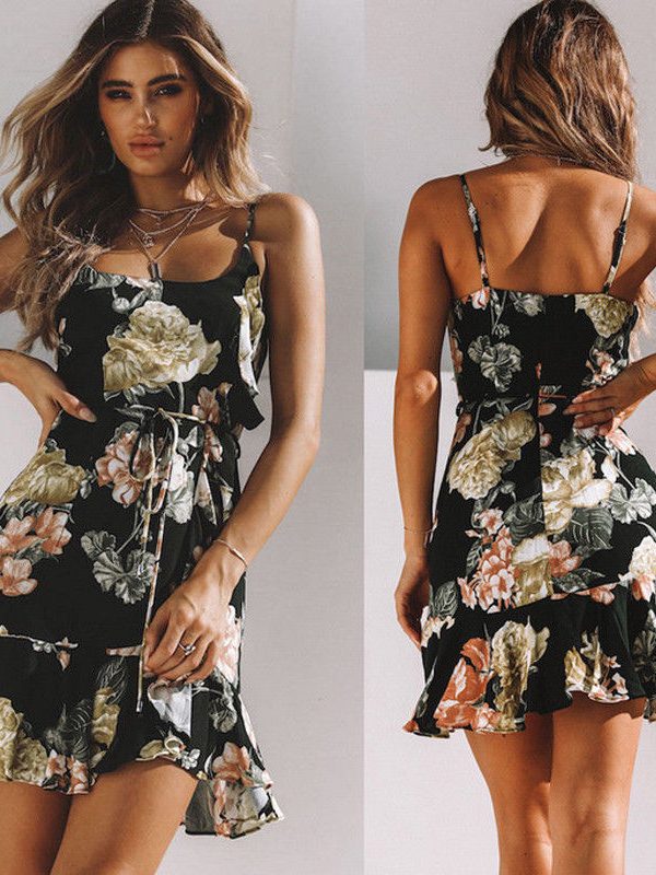 The Best Women Sleeveless Strappy Backless Wrap Boho Floral Mini Dress Ladies Fashion Summer Sundress Holiday Beach Dresses Online - Takalr