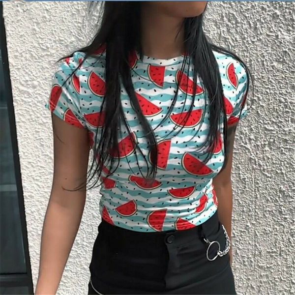 The Best Women Slim Tops Tee Casual Fruit Printed Crop Top Summer Ladies Short Sleeve T-Shirt Cami Sexy Top Women Clothes Online - Takalr