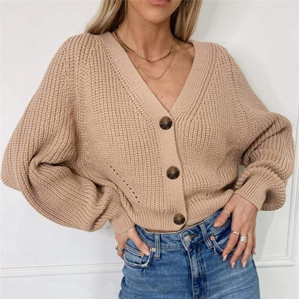 Women Solid Casual Sweater Oversize V Neck Knitted Cardigans 2020 Autumn Warm Loose Lantern Sleeve Single Row Button Female Coat - Takalr