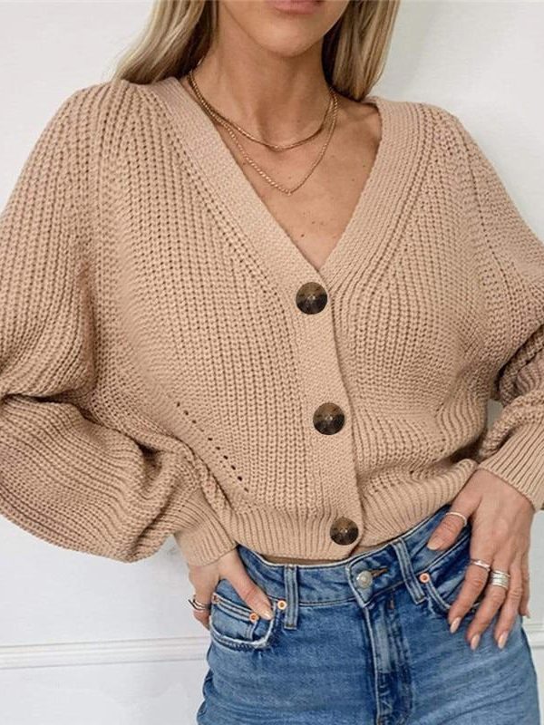 Women Solid Casual Sweater Oversize V Neck Knitted Cardigans 2020 Autumn Warm Loose Lantern Sleeve Single Row Button Female Coat - Takalr