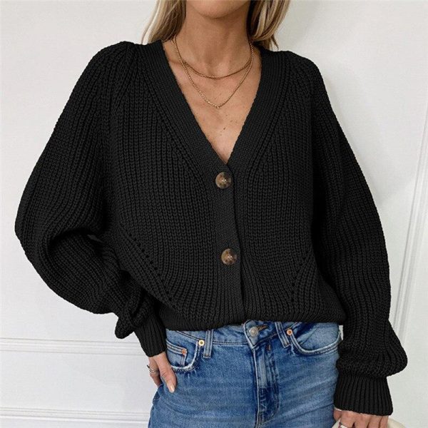 Women Solid Casual Sweater Oversize V Neck Knitted Cardigans 2020 Autumn Warm Loose Lantern Sleeve Single Row Button Female Coat - Takalr