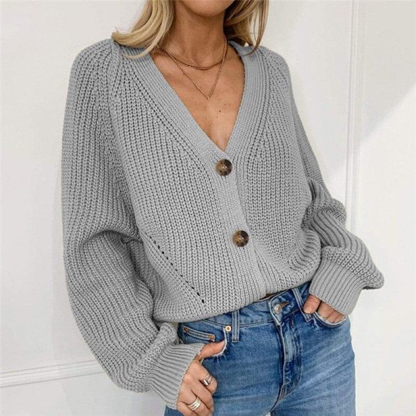 Women Solid Casual Sweater Oversize V Neck Knitted Cardigans 2020 Autumn Warm Loose Lantern Sleeve Single Row Button Female Coat - Takalr