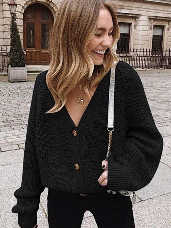 Women Solid Casual Sweater Oversize V Neck Knitted Cardigans 2020 Autumn Warm Loose Lantern Sleeve Single Row Button Female Coat - Takalr