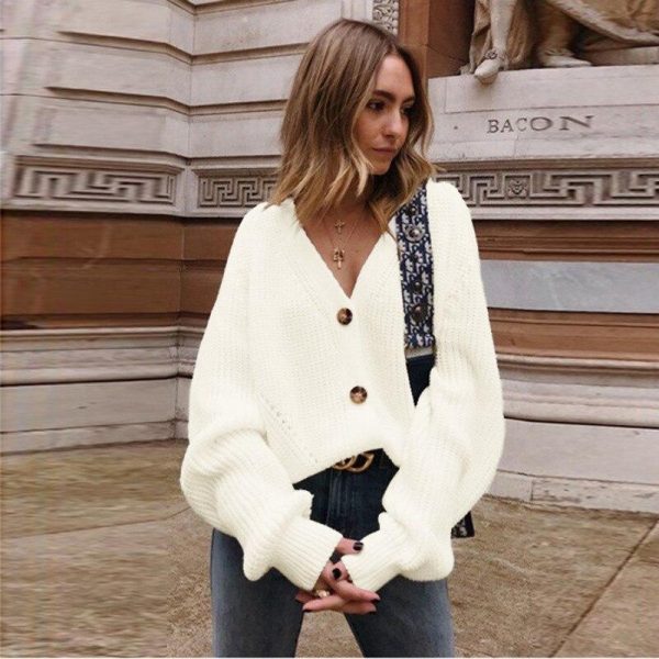 Women Solid Casual Sweater Oversize V Neck Knitted Cardigans 2020 Autumn Warm Loose Lantern Sleeve Single Row Button Female Coat - Takalr