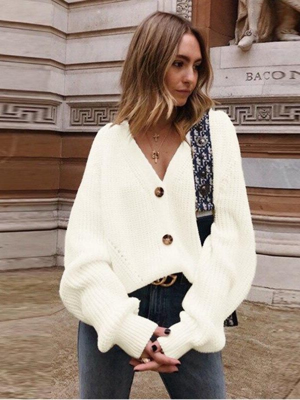 Women Solid Casual Sweater Oversize V Neck Knitted Cardigans 2020 Autumn Warm Loose Lantern Sleeve Single Row Button Female Coat - Takalr