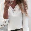 Women Solid V-Neck Lace Insert Shirt Long Sleeve Ruffles Embroidery Tops - Takalr