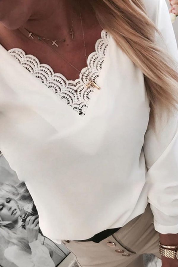 Women Solid V-Neck Lace Insert Shirt Long Sleeve Ruffles Embroidery Tops - Takalr