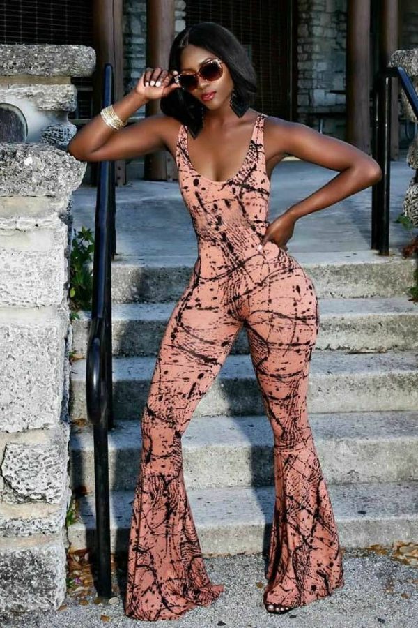 The Best Women Spaghetti Strap Backless Print Bodycon Jumpsuit Ladies Sexy Party Casual Flared Wide Leg Long Trouser Summer Outfits Online - Takalr