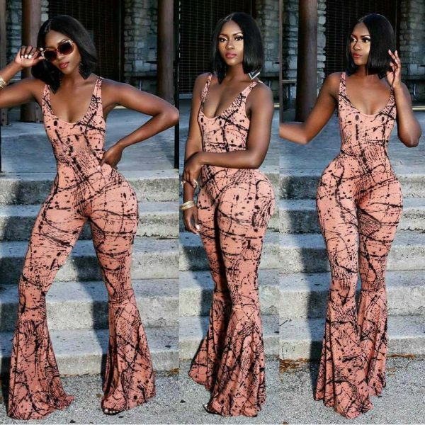 The Best Women Spaghetti Strap Backless Print Bodycon Jumpsuit Ladies Sexy Party Casual Flared Wide Leg Long Trouser Summer Outfits Online - Takalr