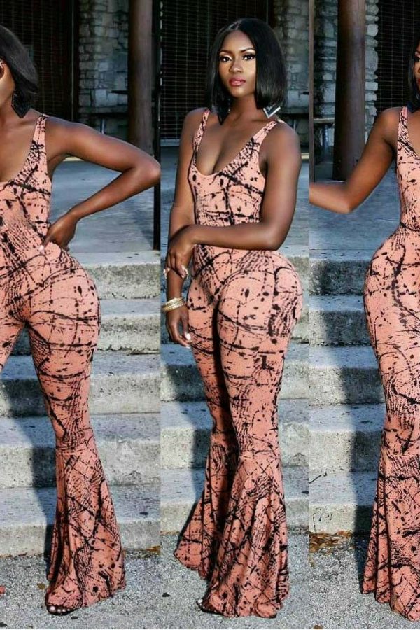 The Best Women Spaghetti Strap Backless Print Bodycon Jumpsuit Ladies Sexy Party Casual Flared Wide Leg Long Trouser Summer Outfits Online - Takalr