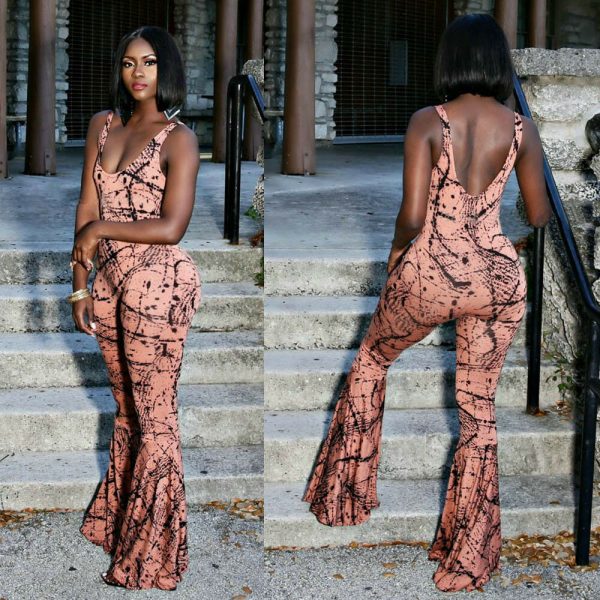 The Best Women Spaghetti Strap Backless Print Bodycon Jumpsuit Ladies Sexy Party Casual Flared Wide Leg Long Trouser Summer Outfits Online - Takalr