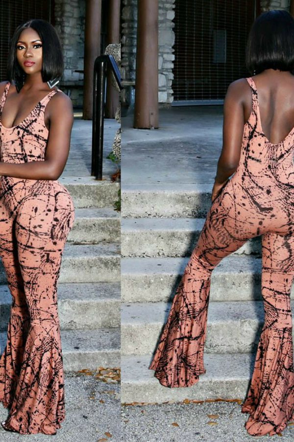 The Best Women Spaghetti Strap Backless Print Bodycon Jumpsuit Ladies Sexy Party Casual Flared Wide Leg Long Trouser Summer Outfits Online - Takalr