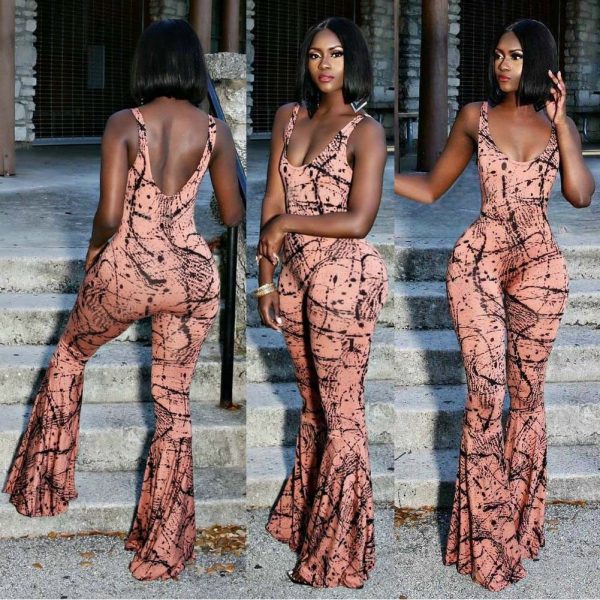 The Best Women Spaghetti Strap Backless Print Bodycon Jumpsuit Ladies Sexy Party Casual Flared Wide Leg Long Trouser Summer Outfits Online - Takalr