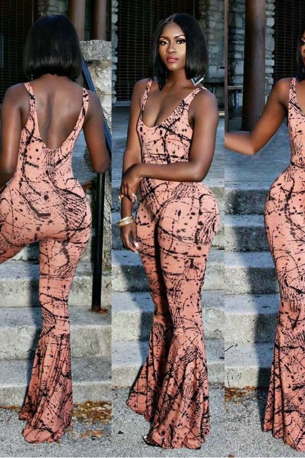 The Best Women Spaghetti Strap Backless Print Bodycon Jumpsuit Ladies Sexy Party Casual Flared Wide Leg Long Trouser Summer Outfits Online - Takalr