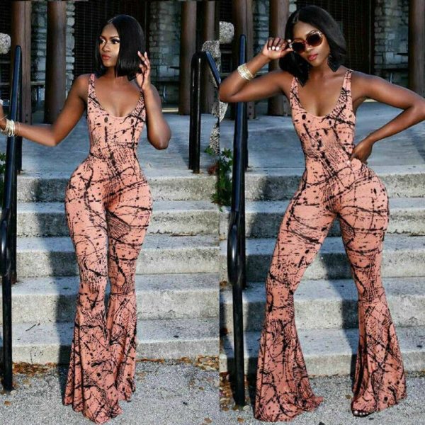 The Best Women Spaghetti Strap Backless Print Bodycon Jumpsuit Ladies Sexy Party Casual Flared Wide Leg Long Trouser Summer Outfits Online - Takalr