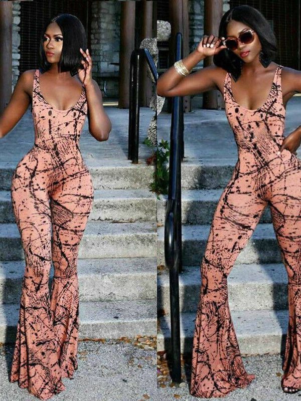 The Best Women Spaghetti Strap Backless Print Bodycon Jumpsuit Ladies Sexy Party Casual Flared Wide Leg Long Trouser Summer Outfits Online - Takalr