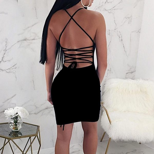 Women Spaghetti Strap Beading Bodycon Dress Club Party Backless Crisscross Black Dress Slinky Short Dresses - Takalr