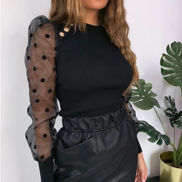 The Best Women Spring Mesh Puff Long Sleeve Ribbed Knitted Shirt Loose Casual Polka Dots Blouse Tops Elegant Turtleneck Party Clubwear Online - Takalr