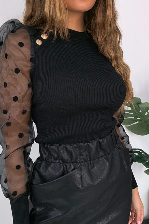 The Best Women Spring Mesh Puff Long Sleeve Ribbed Knitted Shirt Loose Casual Polka Dots Blouse Tops Elegant Turtleneck Party Clubwear Online - Takalr