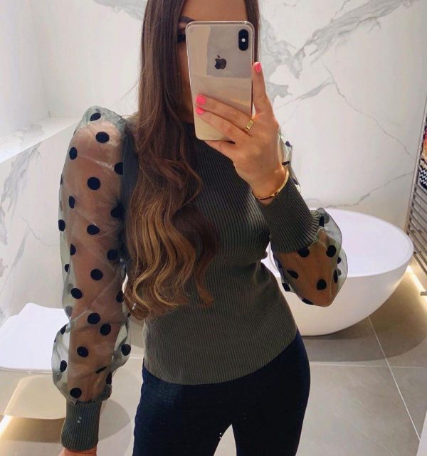 The Best Women Spring Mesh Puff Long Sleeve Ribbed Knitted Shirt Loose Casual Polka Dots Blouse Tops Elegant Turtleneck Party Clubwear Online - Takalr