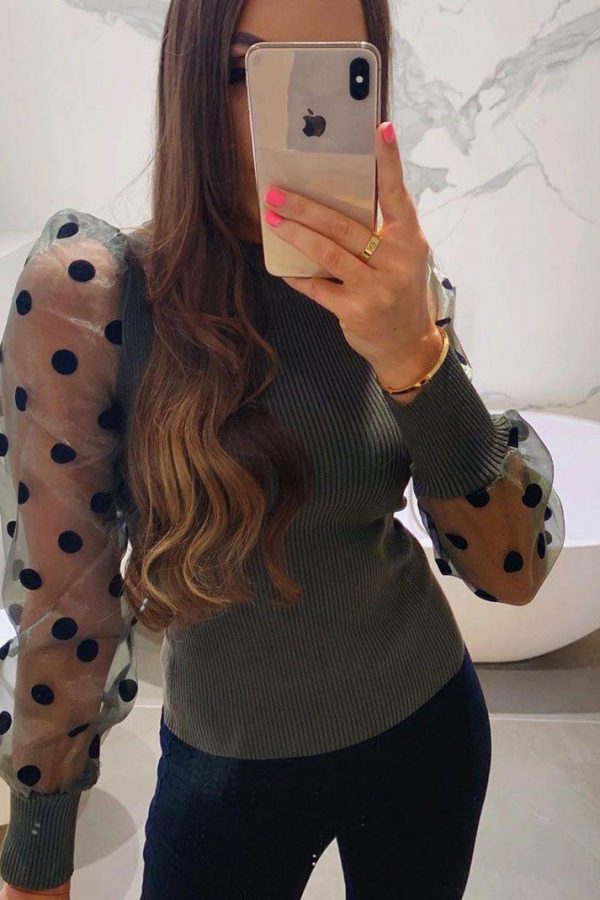 The Best Women Spring Mesh Puff Long Sleeve Ribbed Knitted Shirt Loose Casual Polka Dots Blouse Tops Elegant Turtleneck Party Clubwear Online - Takalr