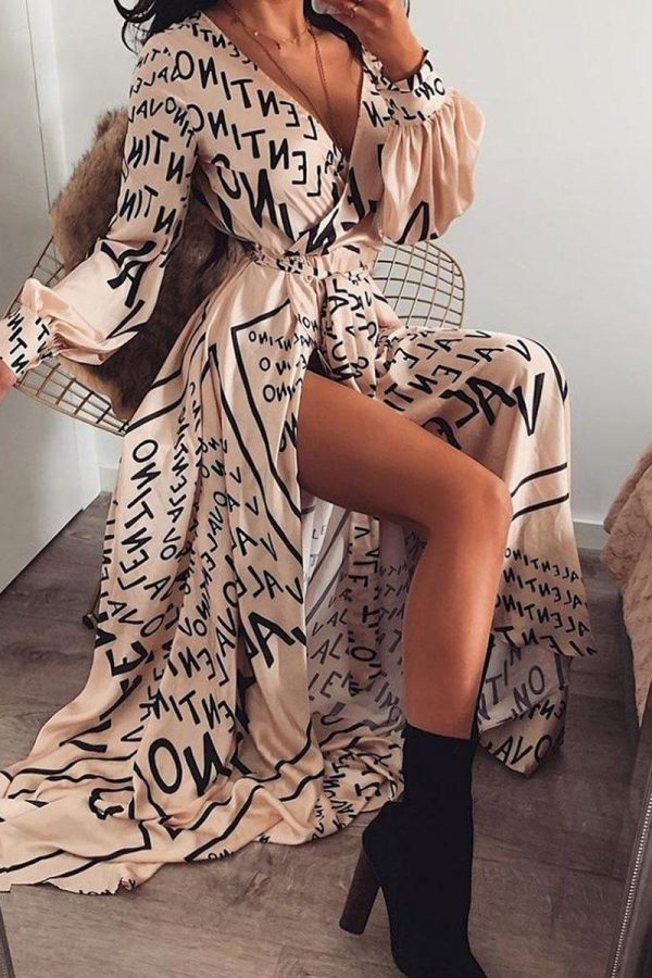 The Best Women Spring Summer Autumn Dress 2019 Letter Print Boho V-neck Long Dress Slit Maxi Dress Beach Robe Femme Casual Loose Dresses Online - Takalr