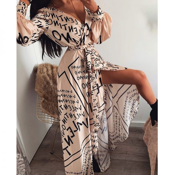 The Best Women Spring Summer Autumn Dress 2019 Letter Print Boho V-neck Long Dress Slit Maxi Dress Beach Robe Femme Casual Loose Dresses Online - Takalr