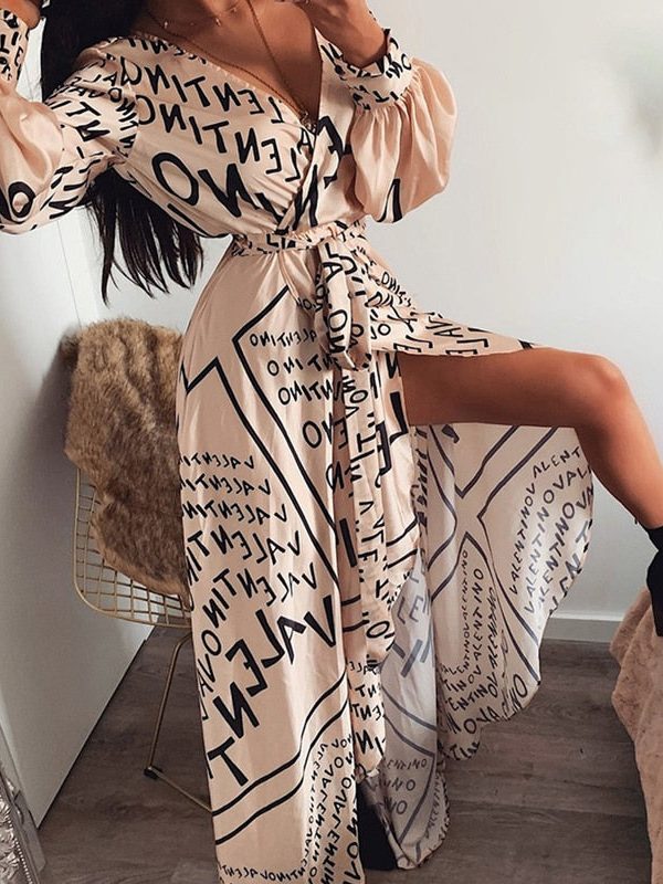 The Best Women Spring Summer Autumn Dress 2019 Letter Print Boho V-neck Long Dress Slit Maxi Dress Beach Robe Femme Casual Loose Dresses Online - Takalr