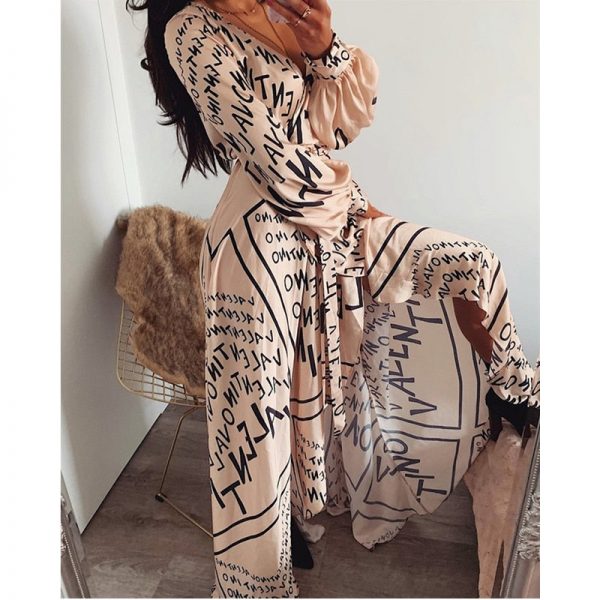 The Best Women Spring Summer Autumn Dress 2019 Letter Print Boho V-neck Long Dress Slit Maxi Dress Beach Robe Femme Casual Loose Dresses Online - Takalr