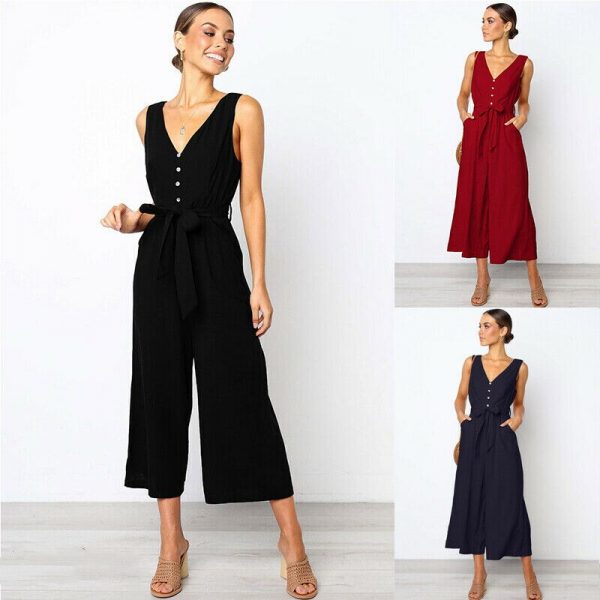 The Best Women Strap Wide Legs Bodycon Jumpsuit Fashion Sleeveless V-neck Loose Linen Baggy Romper Solid Casual Outfits Online - Takalr