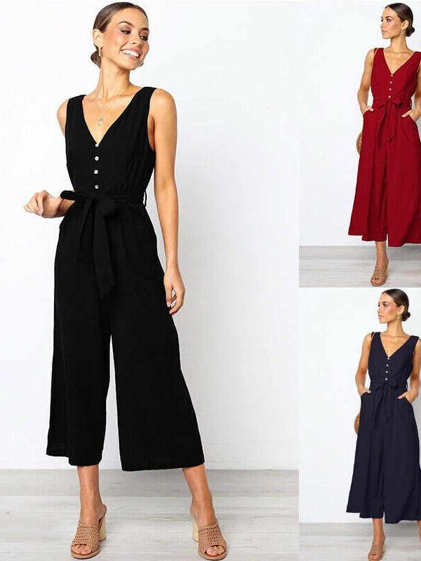 The Best Women Strap Wide Legs Bodycon Jumpsuit Fashion Sleeveless V-neck Loose Linen Baggy Romper Solid Casual Outfits Online - Takalr