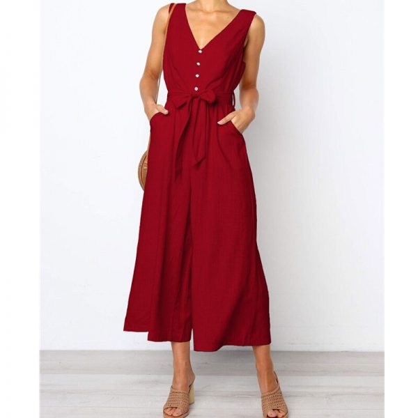 The Best Women Strap Wide Legs Bodycon Jumpsuit Fashion Sleeveless V-neck Loose Linen Baggy Romper Solid Casual Outfits Online - Takalr