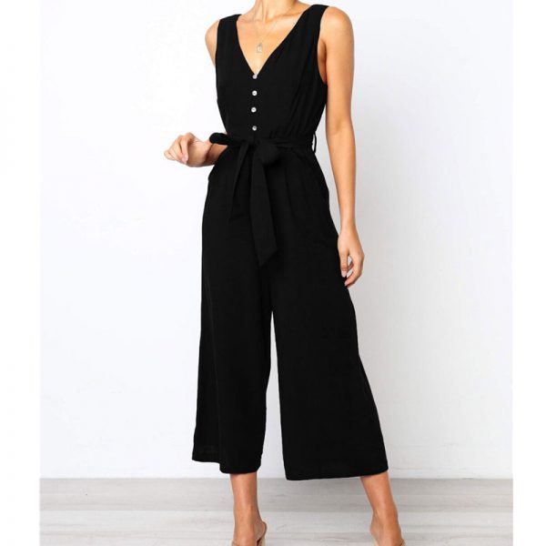 The Best Women Strap Wide Legs Bodycon Jumpsuit Fashion Sleeveless V-neck Loose Linen Baggy Romper Solid Casual Outfits Online - Takalr