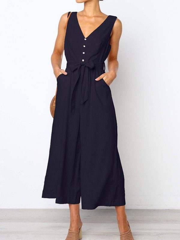 The Best Women Strap Wide Legs Bodycon Jumpsuit Fashion Sleeveless V-neck Loose Linen Baggy Romper Solid Casual Outfits Online - Takalr