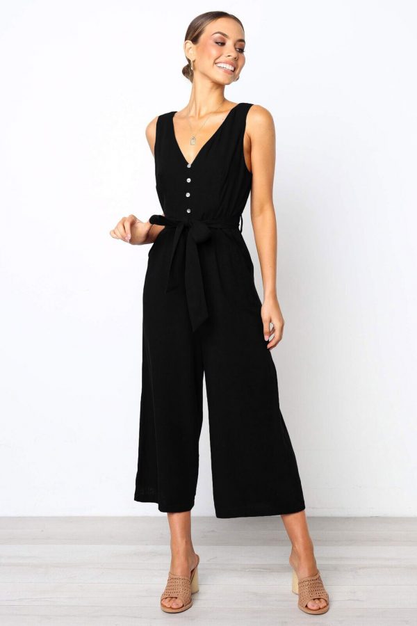 The Best Women Strap Wide Legs Bodycon Jumpsuit Fashion Sleeveless V-neck Loose Linen Baggy Romper Solid Casual Outfits Online - Takalr