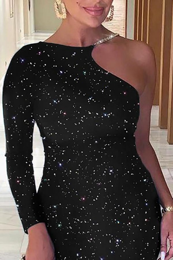 Women Stretchy Glitter Dress Long Sleeve Knee Bodycon Dress Chain Strap One Shoulder Party Dresses Black Glittering Vestido - Takalr