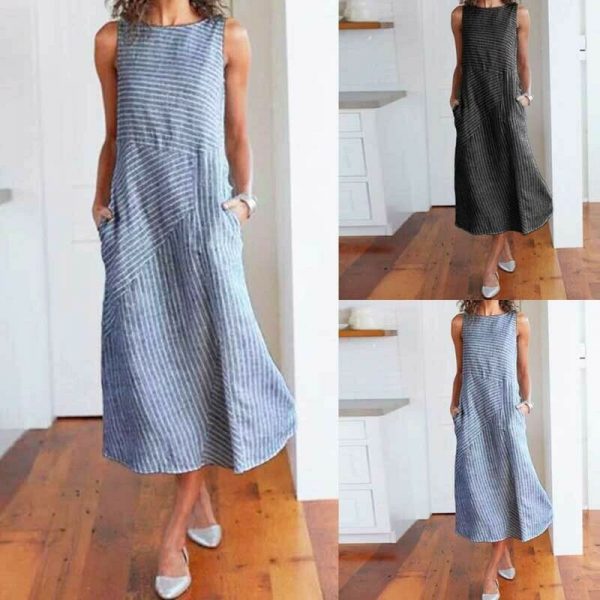 The Best Women Stripe Print Summer Bohemia Long Dress Ladies Casual Plus Size Pocket Loose Boho Beach Holiday Maxi Sundress Online - Takalr