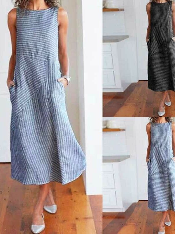 The Best Women Stripe Print Summer Bohemia Long Dress Ladies Casual Plus Size Pocket Loose Boho Beach Holiday Maxi Sundress Online - Takalr