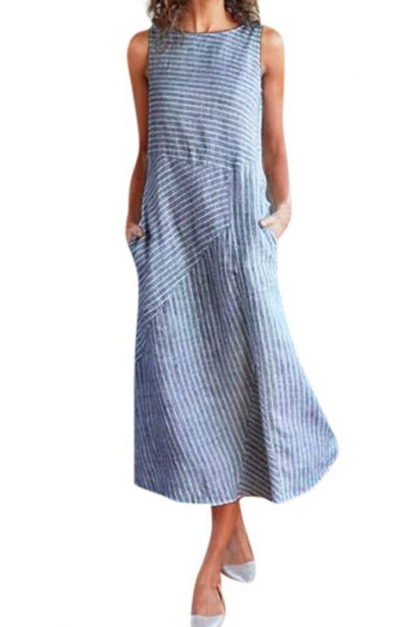 The Best Women Stripe Print Summer Bohemia Long Dress Ladies Casual Plus Size Pocket Loose Boho Beach Holiday Maxi Sundress Online - Takalr