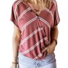 The Best Women Stripe V-Neck Loose T-Shirts Fashion Ladies Summer Casual Batwing Sleeve Loose Button Top Shirt Office Shirt Online - Takalr