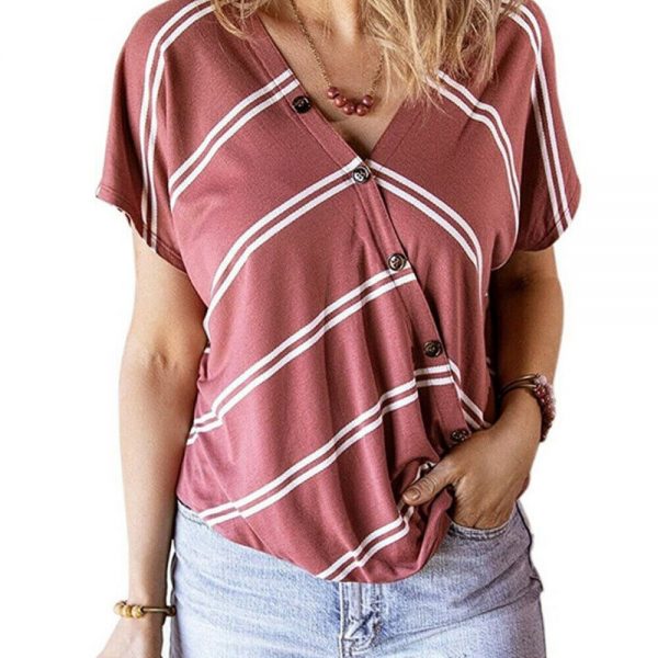 The Best Women Stripe V-Neck Loose T-Shirts Fashion Ladies Summer Casual Batwing Sleeve Loose Button Top Shirt Office Shirt Online - Takalr