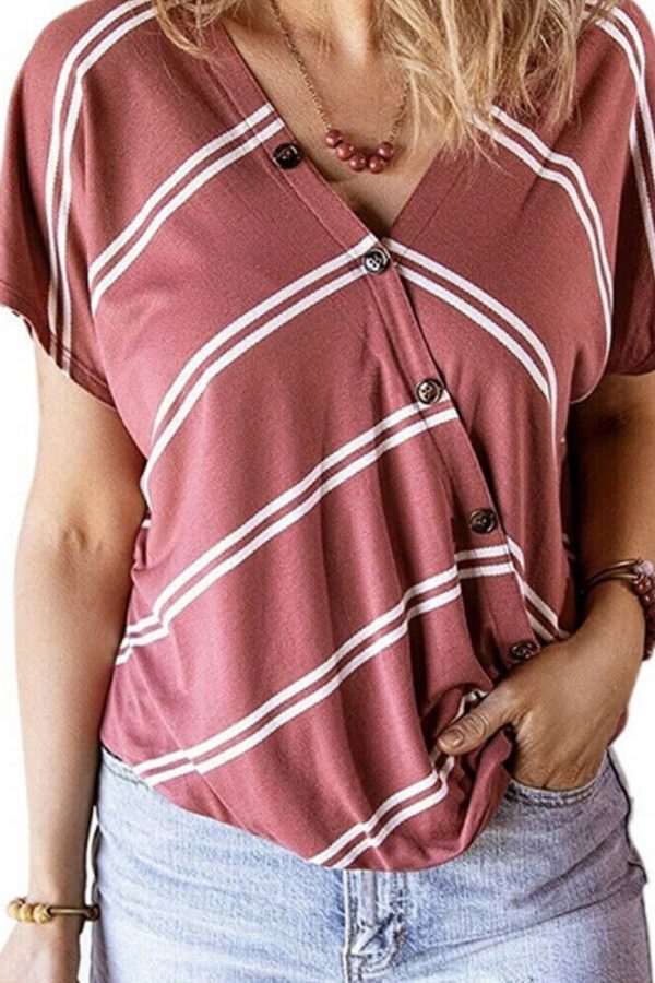 The Best Women Stripe V-Neck Loose T-Shirts Fashion Ladies Summer Casual Batwing Sleeve Loose Button Top Shirt Office Shirt Online - Takalr