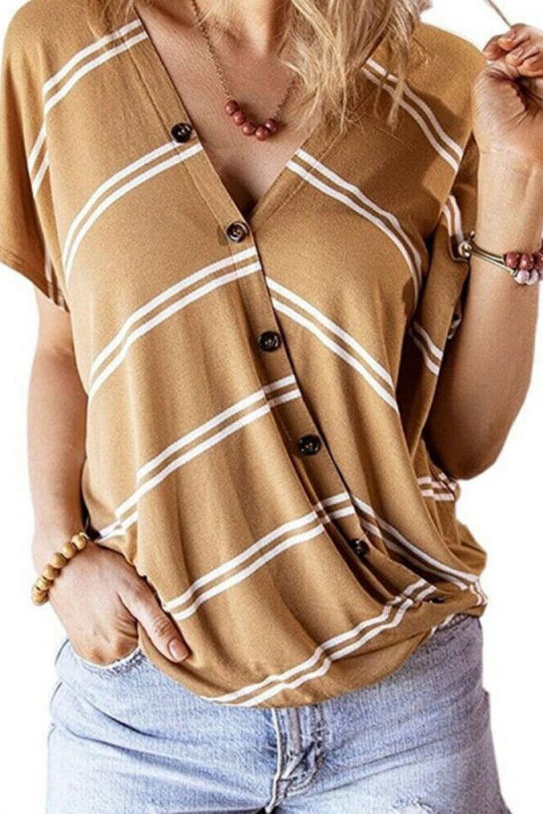 The Best Women Stripe V-Neck Loose T-Shirts Fashion Ladies Summer Casual Batwing Sleeve Loose Button Top Shirt Office Shirt Online - Takalr